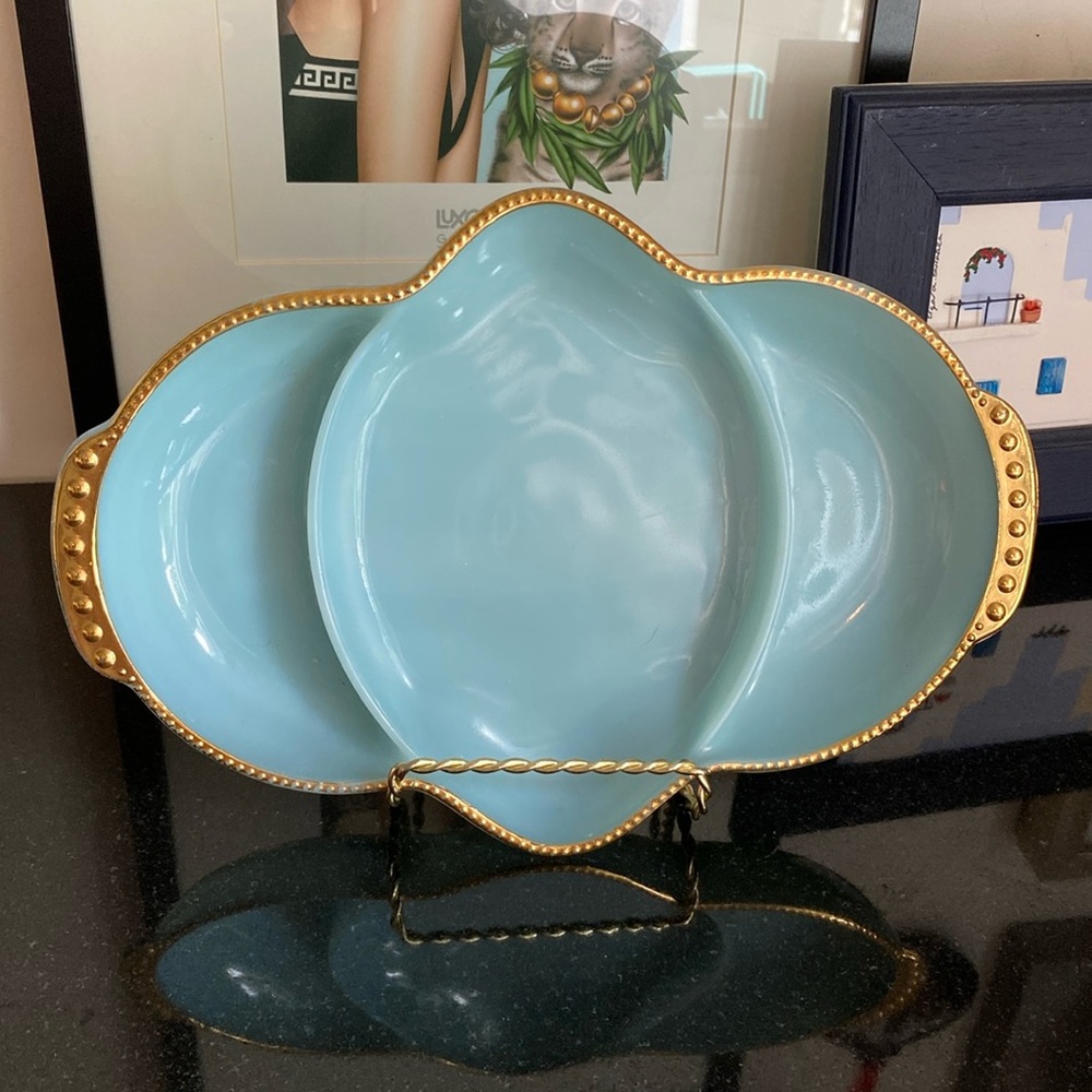Vintage "Fire King" Oval Dish - Robin Egg Blue with Gold Trim
